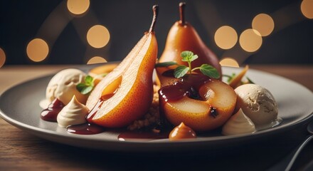 Poached pear halves with ice cream and caramel sauce on a plate. Elegant dessert for fine dining, restaurant menu, or holiday celebration.