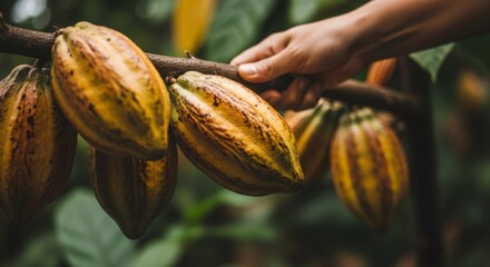 Woman human hand touching cocoa pod on tree in tropical plantation. Harvest concept. Organic farming. Agroindustry and chocolate production.