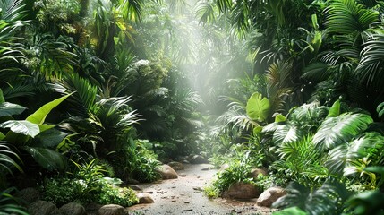 Lush jungle scene with sunlit path; dense foliage and rocks surround the way forward