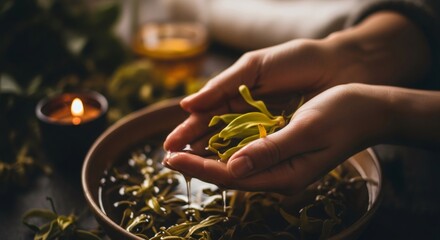 Woman holding fresh ylang-ylang flower in hands over water. Spa treatment with essential oil, aromatherapy, and natural beauty products.