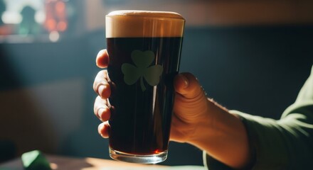 Man holding pint of stout beer with shamrock design. Celebrating St. Patricks Day. Irish culture and pub concept.
