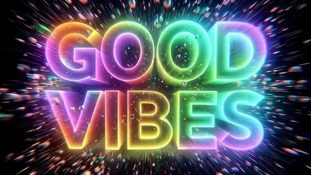 &ldquo;Positive Energy Explosion Text&rdquo;
Black background, neon letters &ldquo;GOOD VIBES&rdquo; explode into glowing particles, then reform smoothly, 3D animation