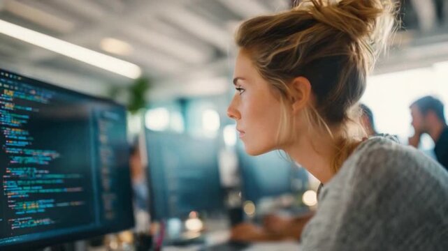 The Coder's Focus: A focused individual deeply engrossed in coding, her eyes tracing lines of code on a modern monitor, the office environment buzzing with focused energy.