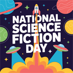 National Science Fiction Day Illustration with Rocket, UFOs and Planets