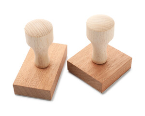 Wooden stamps isolated on white. Office tool