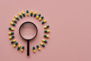 Pharmaceutical research and development concept with magnifying glass and pills