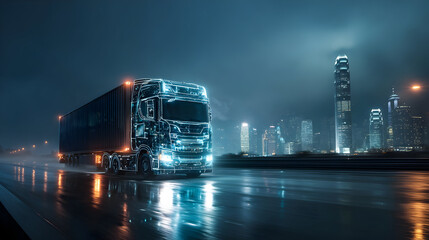 High tech freight truck navigating rainy highway at night with city skyline