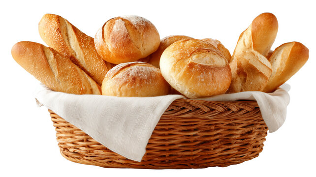 Freshly baked artisanal bread assortment featuring golden baguettes and crusty rolls in a wicker basket ready for serving