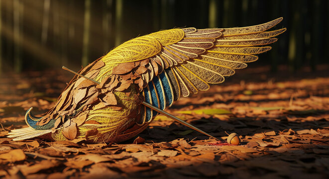 A stylized model or plush toy of a duck, crafted from autumn leaves and twigs, lies on the forest floor covered in fallen brown and orange leaves - Powered by Adobe