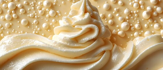Close-up of creamy, swirled butter with glossy texture and soft peaks, set against a background of delicate droplets. Perfect for culinary inspiration and food photography.