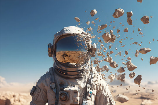 Surreal astronaut with reflective helmet surrounded by floating rocks in space