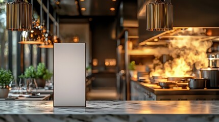 Restaurant interior marble counter, blank card, open kitchen, hanging lights, upscale