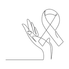 Continuous one line drawing of breast cancer awareness ribbon. One line drawing illustration of breast cancer. 