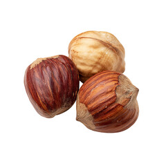 Fototapeta premium Png of three hazelnuts isolated on transparent background, one peeled and two with shells, closeup studio shot, macro