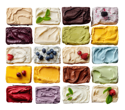 Assorted ice cream in small containers, various flavors and colors, displayed in a grid pattern.  Fresh, colorful, and tempting