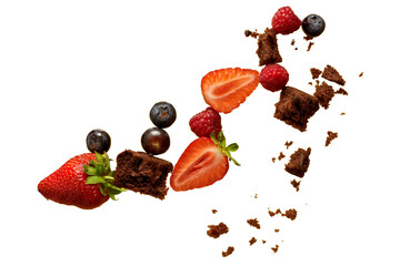 PNG image of  Fresh strawberries raspberries blueberries and brownie pieces are arranged in a visually appealing composition against a clean perfect for food blogs 