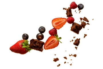 PNG image of  Fresh strawberries raspberries blueberries and brownie pieces are arranged in a visually appealing composition against a clean perfect for food blogs 