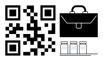 QR code linked with a briefcase and medicine bottles emphasizes digital solutions, e-commerce, healthcare logistics, product authentication, marketing, innovation, and secure transactions. Simple