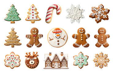 Naklejka premium PNG Festive decorated gingerbread cookies assortment, element set on transparent background