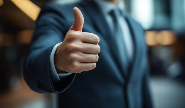 Close up of a businessman showing thumbs up gesture in an office building wearing business suit with blurred background - Powered by Adobe