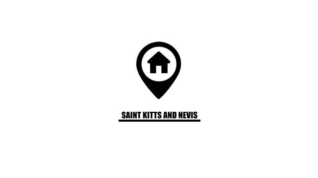 Location Pin Icon with House Symbol and Saint Kitts and Nevis Text on White Background Keywords: location, pin, map, marker, home, house, building