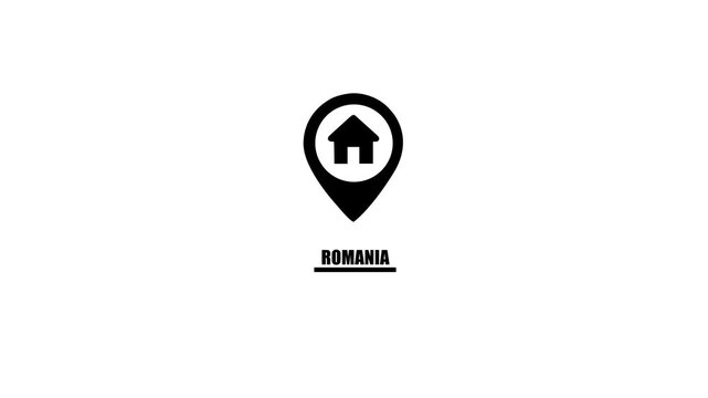 Location pin icon with house symbol and Romania text on white background marker