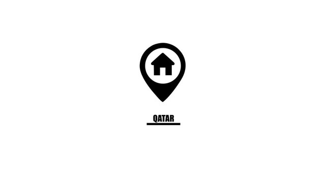 Location pin icon with house symbol and Qatar text on white background marker