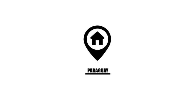 Paraguay location pin icon with house symbol and text on white background Keywords: Paraguay, location, pin, icon, house, home, symbol, map