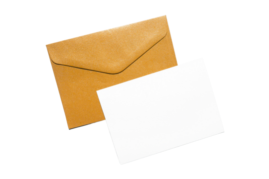 PNG image of Golden envelope with a blank white card offers a versatile template for invitations greetings or personalized messages ideal for stationery mockups and creative design projects 