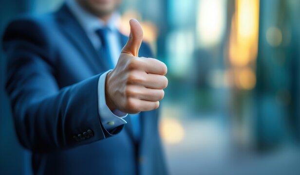 Businessman in suit showing thumbs up gesture closeup with blurred background concept of success and support