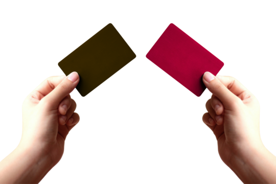PNG image of Hands holding two colorful cards against a showcasing business cards gift cards or membership cards for promotional marketing and financial services on transparent background