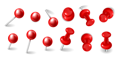 Collection of shiny red thumbtacks and push pins with silver metal shafts arranged in a playful pattern isolated on transparent background