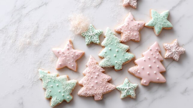 Pastel pink and mint Christmas cookies shaped like stars and trees arranged on a marble surface - Powered by Adobe