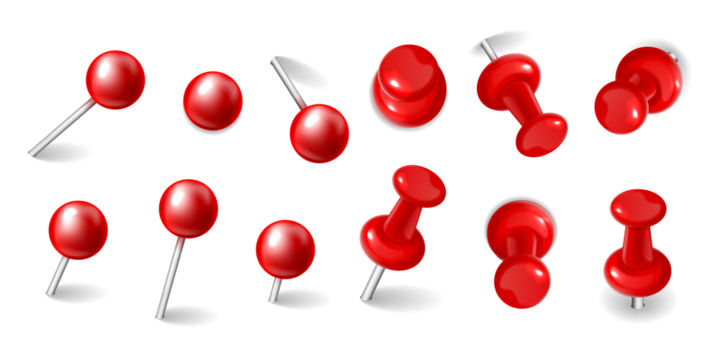 Collection of shiny red thumbtacks and push pins with silver metal shafts arranged in a playful pattern isolated on transparent background - Powered by Adobe