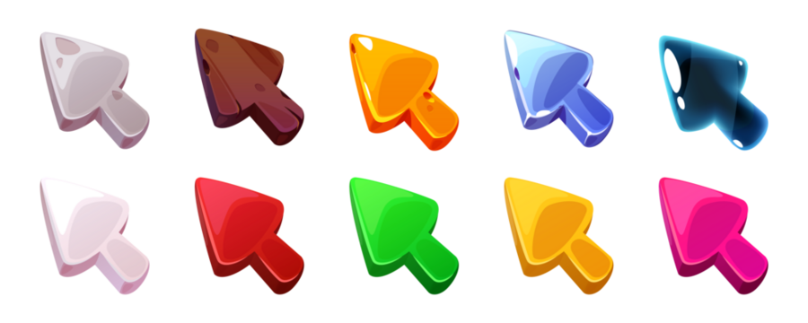 Collection of ten colorful translucent geometric crystal shards with sharp edges isolated on transparent background