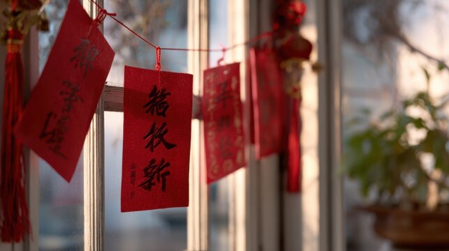 Red couplets with calligraphy decorate the doorway in soft morning light creating a festive atmosphere