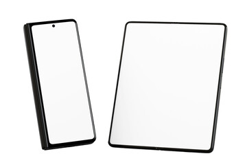 TPNG image of Foldable smartphone and tablet mockup showcasing modern technology with blank white screens for app development and responsive design presentation on a clean on transparent background