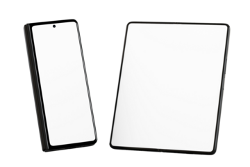 TPNG image of Foldable smartphone and tablet mockup showcasing modern technology with blank white screens for app development and responsive design presentation on a clean on transparent background
