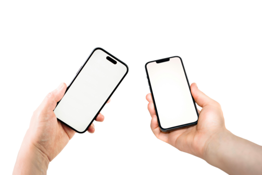 PNG image of two hand holding   Smartphones with Blank Screens Isolated   on a White Background