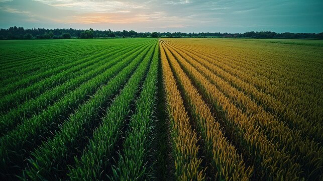 Split farmland green crops on left, golden on right under cloudy sky