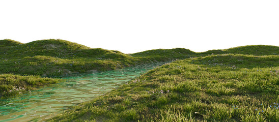   Serene river flowing through a lush green landscape. 3D render.   © snesivan