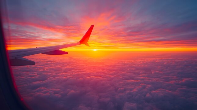 portrait of an airplane wing with the sun appearing above the clouds - Powered by Adobe