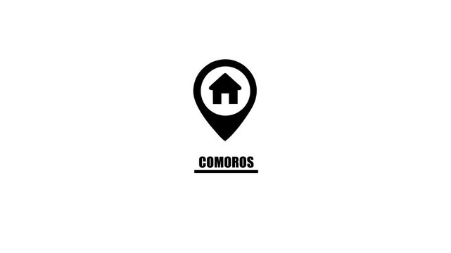 Black house icon on location pin with text COMOROS on white background comoros marker