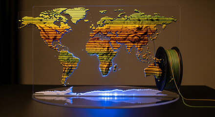 Futuristic, 3D printed or holographic world map display with textured lines and vibrant colors (yellow, orange, green), resting on a glowing surface next to a spool of wire