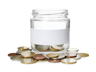 Jar with blank note and money isolated on white