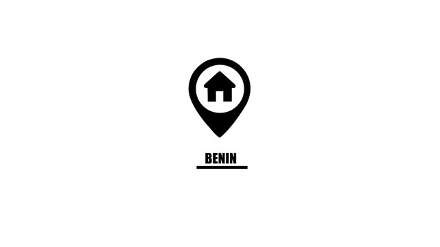 Benin location pin with house icon and text marker animation