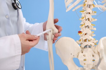 Doctor with human skeleton model on light blue background, closeup