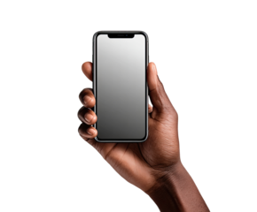 Close-up of a dark-skinned hand holding a blank smartphone, front view.  Black phone,  dark screen.  Realistic rendering