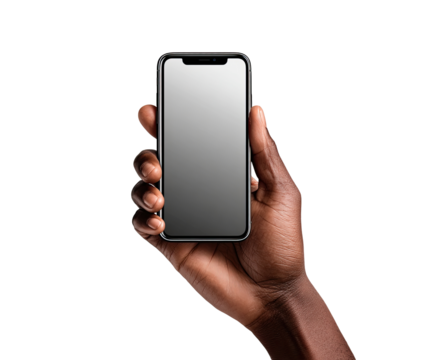 Close-up of a dark-skinned hand holding a blank smartphone, front view. Black phone, dark screen. Realistic rendering - Powered by Adobe