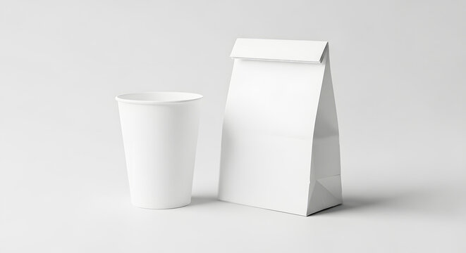Blank White Disposable Paper Cup and Folded Takeaway Food Bag Mockup for Custom Branding and Packaging Design on a Clean Minimalist White Background